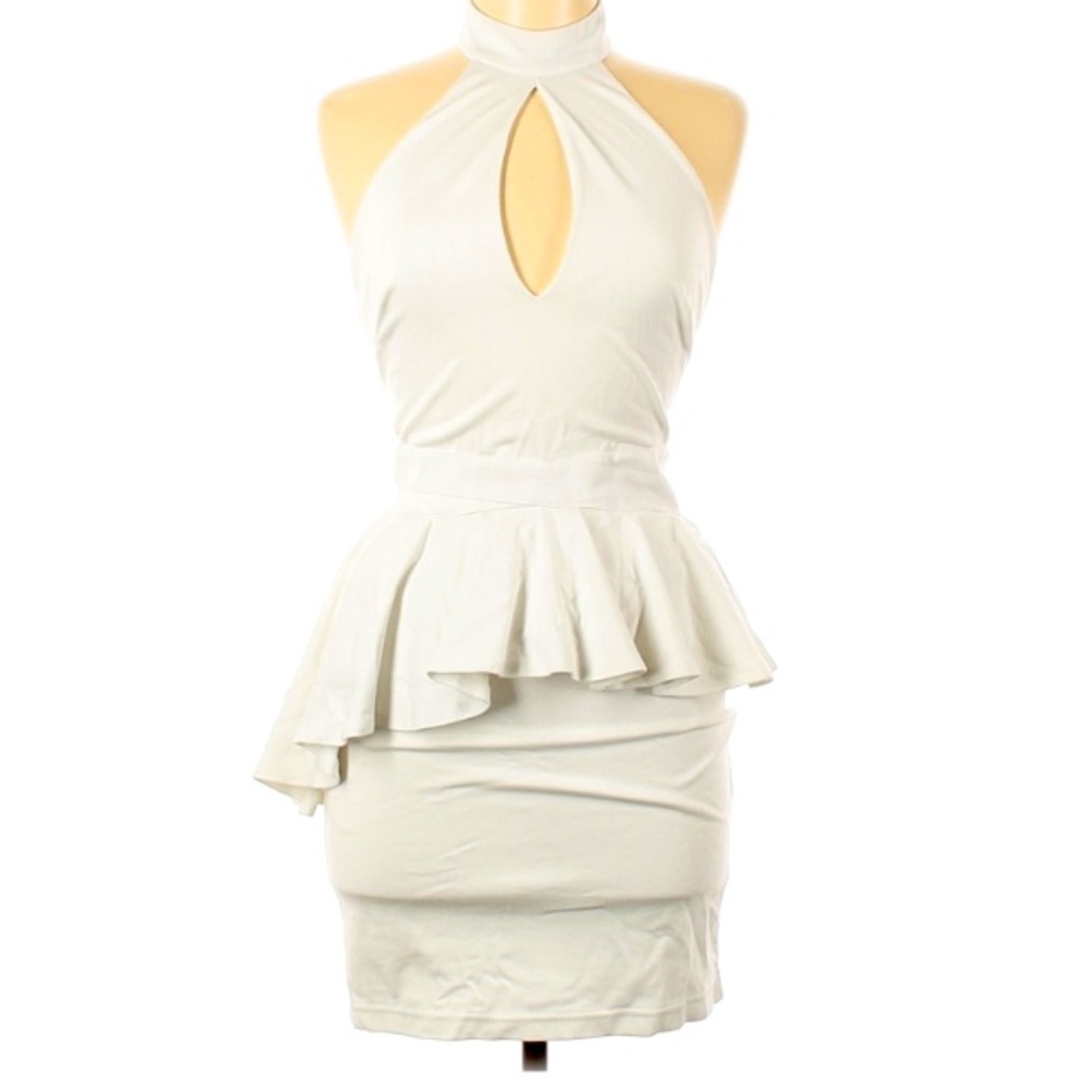 BEBE Ruffle Mini High Neck cut out key hole dress